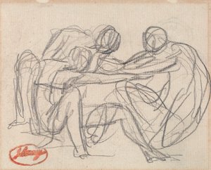 座ったままのフィギュアに苦しむ二人のひざまずくフィギュア 作： George Romney